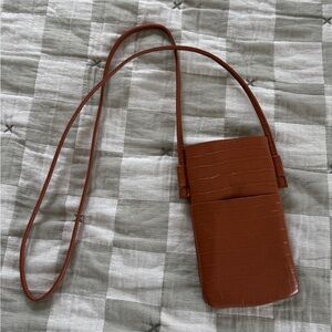 Cognac Croc-Embossed Crossbody Phone Pouch